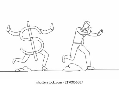Single continuous line drawing stressed businessman being chased by dollar symbol. Office worker losing his money. Financial crisis. Minimalism metaphor. One line graphic design vector illustration