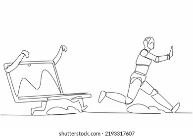 Single continuous line drawing stressed robot being chased by laptop. Robot in deadline of technology industry. Modern robotic artificial intelligence. One line draw graphic design vector illustration