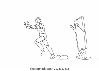 Single continuous line drawing stressed robot being chased by smartphone. Afraid to talk with technology manager. Modern robotic artificial intelligence. One line graphic design vector illustration