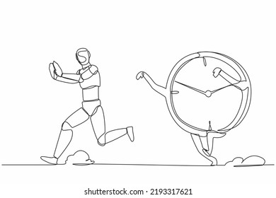 Single continuous line drawing stressed robot being chased by time. Afraid with project schedule target, productivity. Robotic artificial intelligence. One line draw graphic design vector illustration