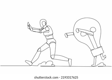 Single continuous line drawing stressed robot being chased by light bulb. Afraid with innovation business idea. Electronic robotic technology industry. One line draw graphic design vector illustration