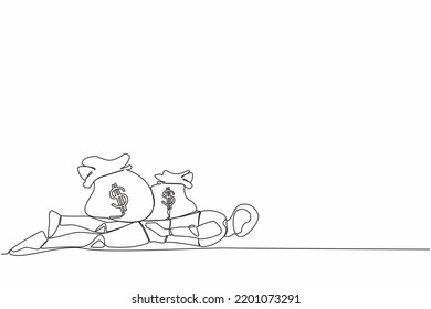 Single continuous line drawing stressed robot under heavy money bag burden. Finance crisis money fall down. Economic crash due to pandemic. Future technology. One line draw design vector illustration