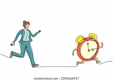 Single continuous line drawing stressed businesswoman chasing alarm clock. Manager being chased by work deadlines. Running out of time. Business metaphor. One line graphic design vector illustration