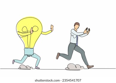 Single continuous line drawing stressed businessman being chased by light bulb. Losing inspiration, innovation, creative idea, success. Minimalism metaphor. One line graphic design vector illustration