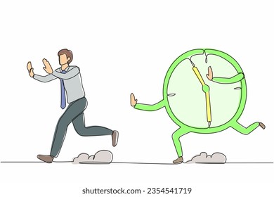 Single continuous line drawing stressed businessman being chased by time, deadline. Planning schedules, productivity and time management. Dynamic one line draw graphic design vector illustration