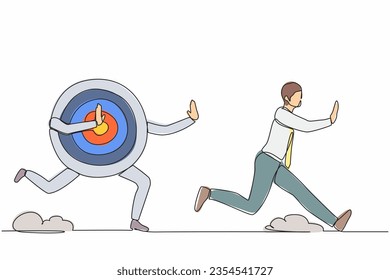 Single continuous line drawing stressed businessman being chased by archery bullseye target. Losing motivation to achieve business goal, advancement in career. One line draw design vector illustration