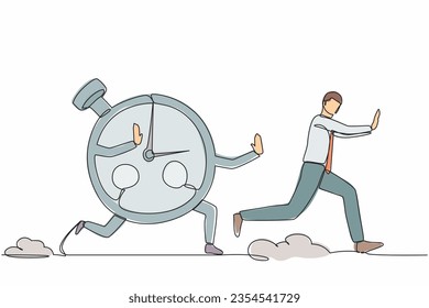 Single continuous line drawing stressed businessman being chased by stopwatch. Manager chased by measurement, time management, effective planning concept. One line graphic design vector illustration