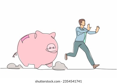 Single continuous line drawing stressed businessman being chased by piggy bank. Financial crisis, economic disaster. Minimal metaphor concept. Dynamic one line draw graphic design vector illustration