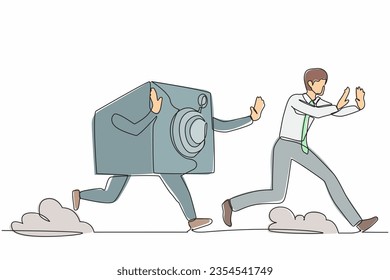 Un único dibujo de línea continua estresado hombre de negocios perseguido por caja de seguridad. Gestor perseguido por sistema seguro, protección, banca, financiero. ilustración vectorial de diseño gráfico de una línea