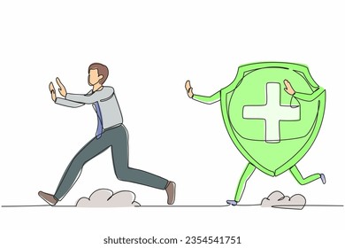 Single continuous line drawing stressed businessman being chased by shield. Out off financial insurance or fund safety. Expensive healthcare budget. One line draw graphic design vector illustration