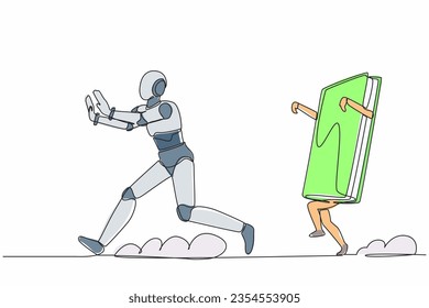 Single continuous line drawing stressed robot being chased by book. Smart robotic manual book process. Artificial intelligence. Electronic technology industry. One line draw design vector illustration