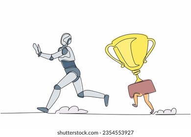 Single continuous line drawing stressed robot being chased by trophy. Confused with business goals for winning competition. Robotic artificial intelligence. One line draw design vector illustration