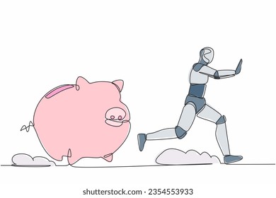 Einfach durchgehender Stressroboter, der vom Sparschwein gejagt wird. Wirtschaftskrise. Verlust von Geld in der Technologiebranche. Roboterkünstliche Intelligenz. Eine Linie design, Vektorgrafik-Illustration