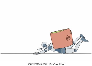 Single continuous line drawing stressed robot under heavy wallet burden. Financial and economic crisis at tech industry. Artificial intelligence machine learning. One line design vector illustration