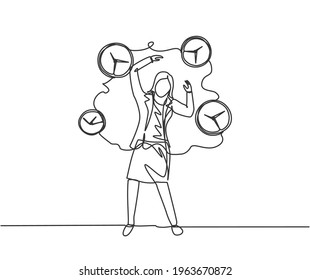 Single continuous line drawing stressful business woman surrounded by flying analog clocks. Minimalism metaphor business deadline concept. Dynamic one line draw graphic design vector illustration.