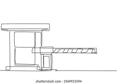 Single continuous line drawing a striped barrier gate with guard posts, guarding the entrance to the most important offices in the nation's capital. One line draw graphic design vector illustration.