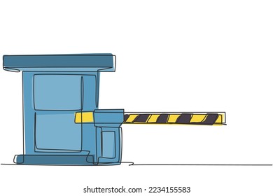 Single continuous line drawing a striped barrier gate with guard posts, guarding the entrance to the most important offices in the nation's capital. One line draw graphic design vector illustration.