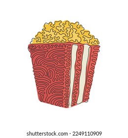 Single continuous line drawing striped box container with delicious popcorn. Takeaway fast food. Restaurant junk food menu. Swirl curl style. Dynamic one line draw graphic design vector illustration