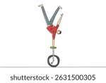 Single continuous line drawing strong man standing upside down with one hand holding unicycle seat. Acrobatics like a circus performer. Brave. Ride a Unicycle Day. One line design vector illustration