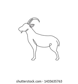 Single continuous line drawing of strong tough goat for business logo identity. Lamb emblem mascot concept for ranch icon. Trendy one line draw design vector graphic illustration