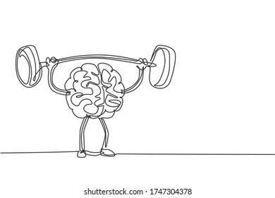 Single continuous line drawing of strong muscular human brain lifting barbell logo label. Fresh smart health character logotype icon concept. Modern one line draw graphic design vector illustration