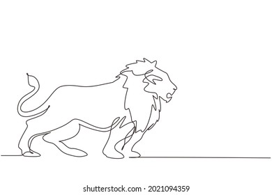 Single continuous line drawing strong lion standing full body, king of the jungle. Strong feline mammal mascot. Dangerous big cat animal logo. Dynamic one line draw graphic design vector illustration