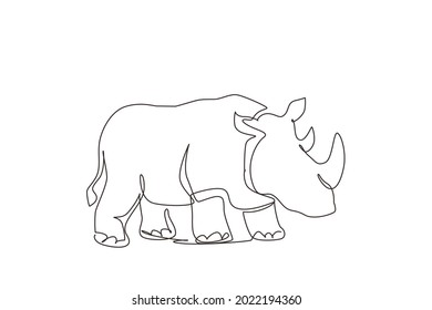 Single continuous line drawing strong rhinoceros for conservation national park logo identity. African rhino animal mascot for national zoo safari. One line draw graphic design vector illustration