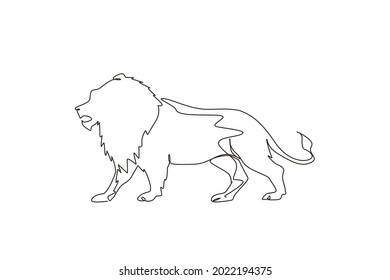 Single continuous line drawing strong lion standing full body, king of the jungle. Strong feline mammal mascot. Dangerous big cat animal logo. Dynamic one line draw graphic design vector illustration