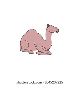 Single continuous line drawing of strong desert Arabic camel sitting for logo identity. Cute dromedary animal concept for national zoo icon. Dynamic one line draw design graphic vector illustration