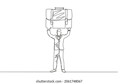 Single continuous line drawing strong manager or businessman raises big briefcase. Business person has achieved success. Rejoices in success. Dynamic one line draw graphic design vector illustration