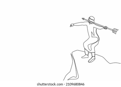 Single continuous line drawing strong Arabian businessman throwing rising up arrow to achieve goal. Business growth, success and improvement concept. One line draw graphic design vector illustration