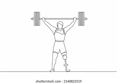 Single continuous line drawing strong disabled bodybuilder sportsman lifting heavy weight barbell over his head. Weightlifting sport for disability. One line draw graphic design vector illustration