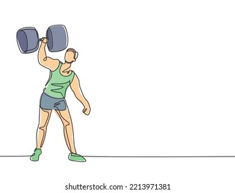 Single Continuous Line Drawing Strong People Lift Large Dumbbells With Only One Hand. Stunt Performers Who Really Amazed The Circus Audience. Dynamic One Line Draw Graphic Design Vector Illustration