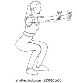 Single continuous line drawing of strong young weightlifting woman preparing for barbell training in gym. Weightlifting workout concept. Trendy one line draw graphic design vector illustration