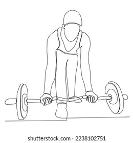 
Un solo dibujo de línea continua de un joven y fuerte levantador de pesas preparándose para el entrenamiento de barbacoa en el gimnasio. Concepto de entrenamiento de albañilería. Ilustración de diseño gráfico de tracción de una línea de moda