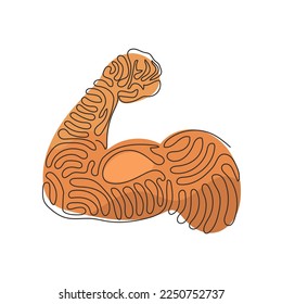 Single continuous line drawing strong power, muscle arms icon. Muscular hand symbol for fitness club emblem, strength human hand. Swirl curl style. One line draw graphic design vector illustration