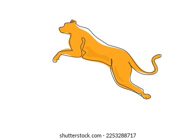 Single continuous line drawing strong cheetah is jumping for company logo identity. Wildcat animal mascot concept for national safari zoo. Dynamic one line draw graphic design vector illustration