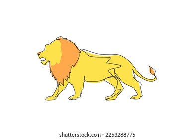 Single continuous line drawing strong lion standing full body, king of the jungle. Strong feline mammal mascot. Dangerous big cat animal logo. Dynamic one line draw graphic design vector illustration