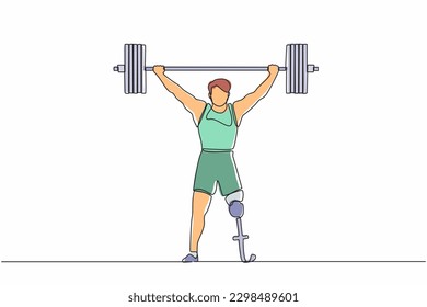 Single continuous line drawing strong disabled bodybuilder sportsman lifting heavy weight barbell over his head. Weightlifting sport for disability. One line draw graphic design vector illustration