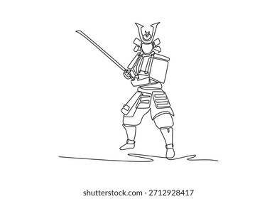 Uma única linha contínua desenhando um forte guerreiro samurai em um capacete de armadura tradicional completo, de pé firme em posição pronta com katana para ataque imediato. Ilustração de vetor de design gráfico com desenho de uma linha