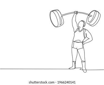 Single continuous line drawing the strongman lifted the curved barbell with only one hand. His muscles were clearly visible to the audience. Dynamic one line draw graphic design vector illustration.