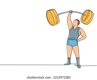 Single Continuous Line Drawing The Strongman Lifted The Curved Barbell With Only One Hand. His Muscles Were Clearly Visible To The Audience. Dynamic One Line Draw Graphic Design Vector Illustration.