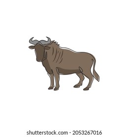 Single continuous line drawing of sturdy wildebeest for organisation logo identity. Big gnu mascot concept for national safari park icon. Modern one line draw design vector graphic illustration