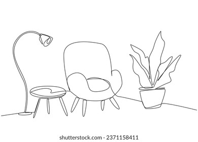 Un único plano de línea continua y elegante habitación con mobiliario completo moderno. habitación limpia para relajarse los fines de semana. Pase todo el día leyendo. Disfrute de un día relajante con la familia. Ilustración vectorial de diseño de una línea