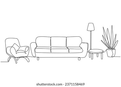 Single continuous line drawing stylish living room with full furniture modern. Modern minimalist design. Equipped with floor lamps for lighting needs and armchairs. One line design vector illustration