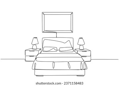 Single continuous line drawing stylish room with full furniture modern. Luxurious interior. Fully furnished. Bedroom. Hotel rooms. Very cozy rooms. Staycation. One line design vector illustration