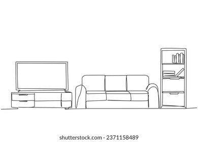 Single continuous line drawing stylish room with full furniture modern. Huge television as a means of entertainment. A relaxing place to spend time on weekends. One line design vector illustration