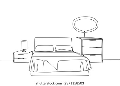 Single continuous line drawing stylish room with full furniture modern. Modern minimalist design. Equipped with a small lamp for lighting needs. Fully furnished. One line design vector illustration