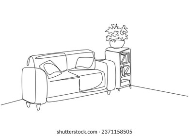 Single continuous line drawing stylish living room with full furniture modern. Design simple minimalist. Comfortable waiting room with comfortable sofa. Cozy room. One line design vector illustration