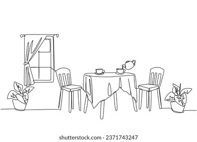 Single continuous line drawing stylish room with full furniture modern. Relaxing space for drinking tea or coffee. Scandinavian design interior. Simple minimalist. One line design vector illustration